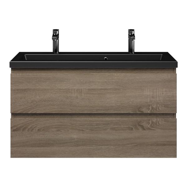 Renesse badmeubel 100 cm donker eiken met keramische Dishoek wastafel zwart mat