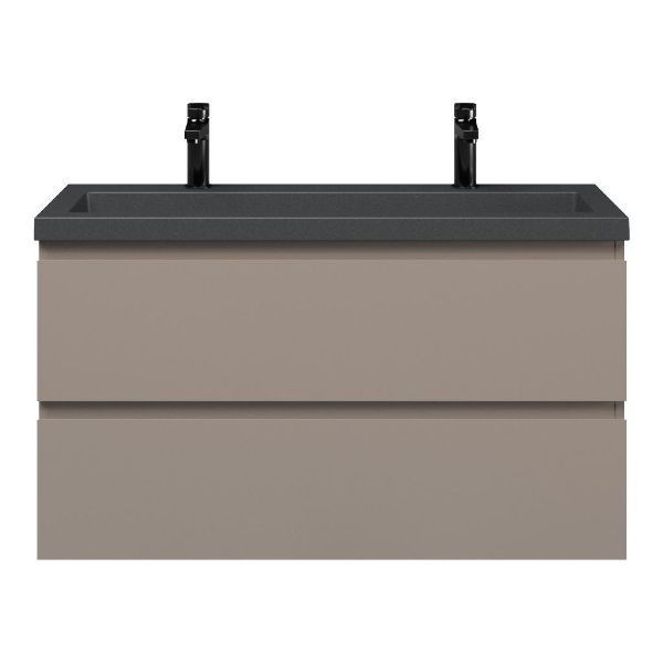 Renesse badmeubel 100 cm taupe met quartz Cadzand-Q wastafel grijs mat, 2 kraangaten