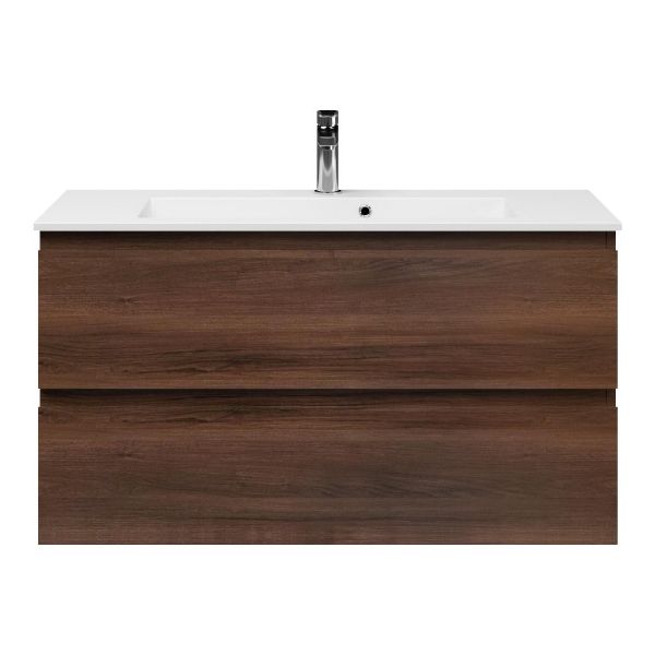 Renesse badmeubel 100 cm walnoot met keramische Compact wastafel wit glans