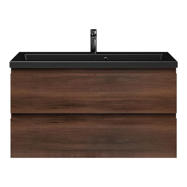 Renesse badmeubel 100 cm walnoot met keramische Dishoek wastafel zwart mat, 1 kraangat