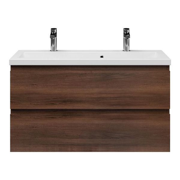 Renesse badmeubel 100 cm walnoot met keramische Dishoek wastafel wit mat