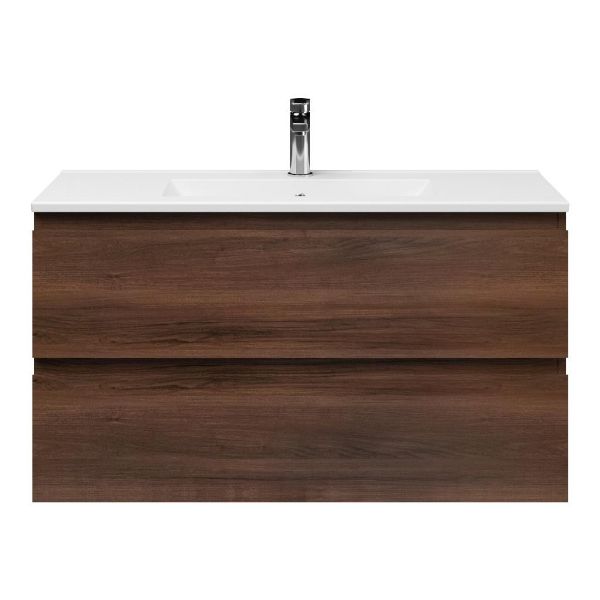 Renesse badmeubel 100 cm walnoot met keramische Huisduinen wastafel wit glans