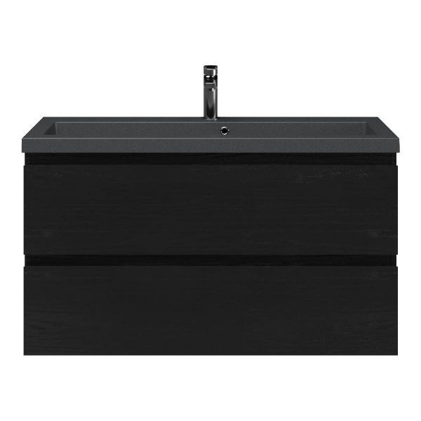 Renesse badmeubel 100 cm zwart eiken met quartz Cadzand-Q wastafel grijs mat, met overloop