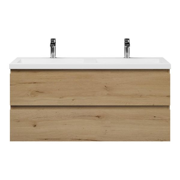 Renesse badmeubel 120 cm natuur eiken met polystone Cadzand wastafel wit glans, 2 kraangaten