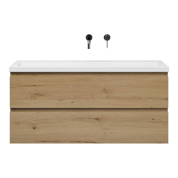 Renesse badmeubel 120 cm natuur eiken met polystone Cadzand wastafel wit glans, zonder kraangat