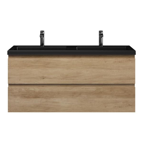 Renesse badmeubel 120 cm olm met polystone Cadzand wastafel zwart mat, 2 kraangaten