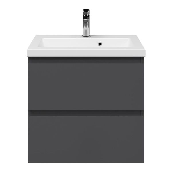 Renesse badmeubel 60 cm antraciet mat met keramische Dishoek wastafel wit mat, 1 kraangat