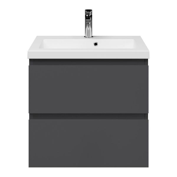 Renesse badmeubel 60 cm antraciet mat met polystone Cadzand wastafel wit mat, 1 kraangat, met overloop