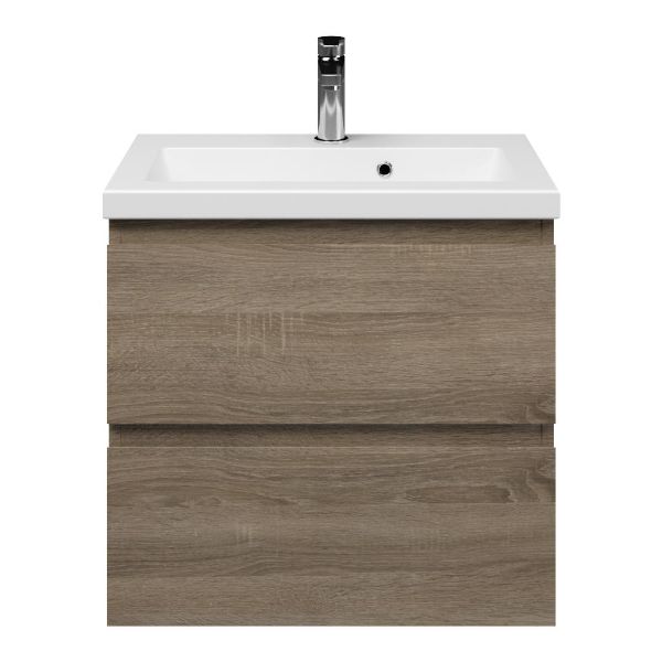 Renesse badmeubel 60 cm donker eiken met keramische Dishoek wastafel wit mat