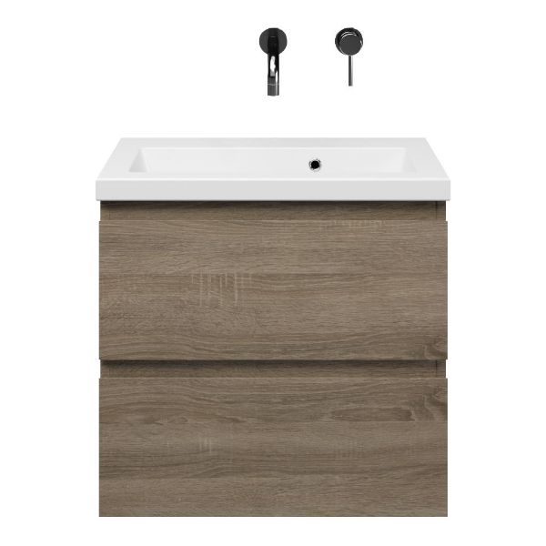 Renesse badmeubel 60 cm donker eiken met keramische Dishoek wastafel wit glans, zonder kraangat