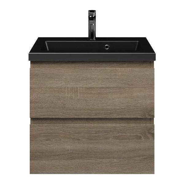 Renesse badmeubel 60 cm donker eiken met keramische Dishoek wastafel zwart mat
