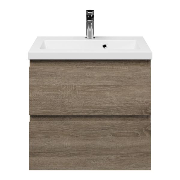 Renesse badmeubel 60 cm donker eiken met keramische Dishoek wastafel wit glans, 1 kraangat
