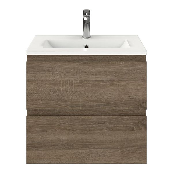Renesse badmeubel 60 cm donker eiken met keramische Huisduinen wastafel wit glans