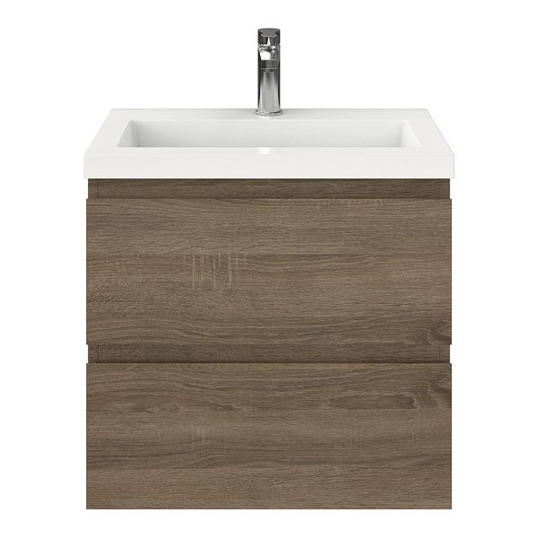 Renesse badmeubel 60 cm donker eiken met polystone Cadzand wastafel wit glans