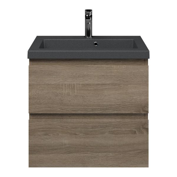 Renesse badmeubel 60 cm donker eiken met polystone Cadzand wastafel grijs mat