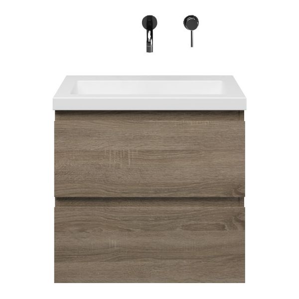 Renesse badmeubel 60 cm donker eiken met polystone Cadzand wastafel wit mat