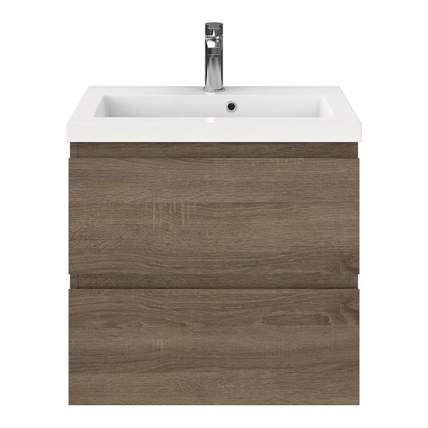 Renesse badmeubel 60 cm donker eiken met polystone Cadzand wastafel wit glans
