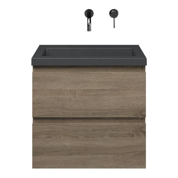 Renesse badmeubel 60 cm donker eiken met quartz Cadzand-Q wastafel grijs mat, zonder kraangat