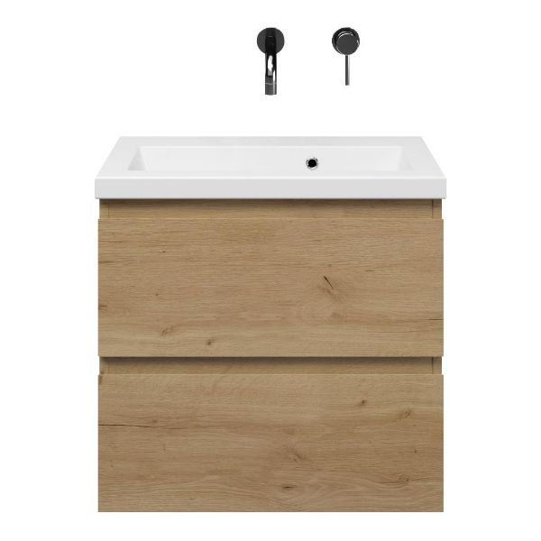 Renesse badmeubel 60 cm eiken natuur met keramische Dishoek wastafel wit glans, zonder kraangat