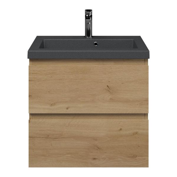 Renesse badmeubel 60 cm eiken natuur met polystone Cadzand wastafel grijs mat