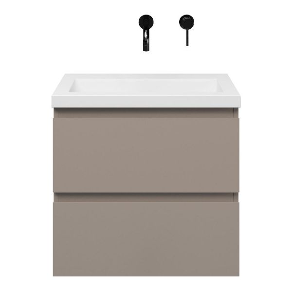 Renesse badmeubel 60 cm taupe met polystone Cadzand wastafel wit glans, zonder kraangat