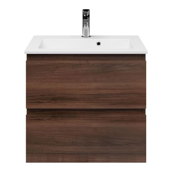 Renesse badmeubel 60 cm walnoot met keramische Compact wastafel wit glans