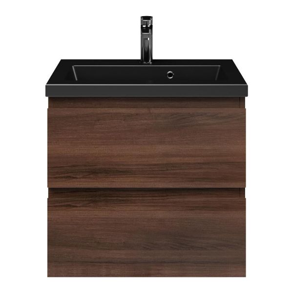 Renesse badmeubel 60 cm walnoot met keramische Dishoek wastafel zwart mat, 1 kraangat
