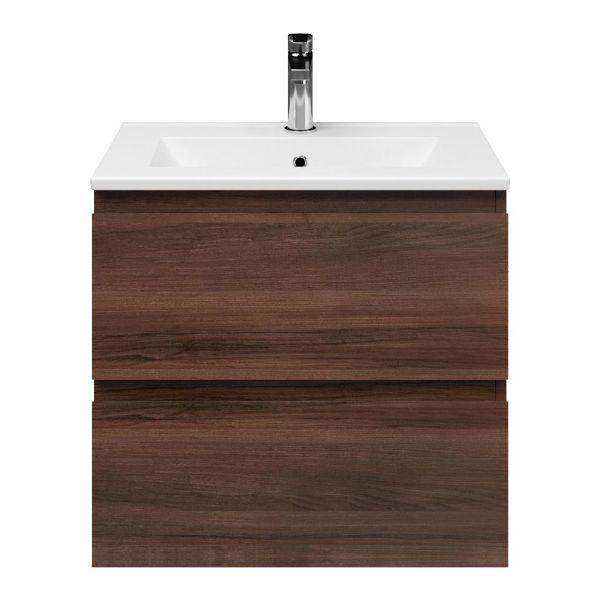 Renesse badmeubel 60 cm walnoot met keramische Huisduinen wastafel wit glans