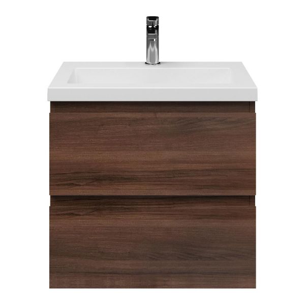Renesse badmeubel 60 cm walnoot met polystone Cadzand wastafel wit mat, 1 kraangat, zonder overloop