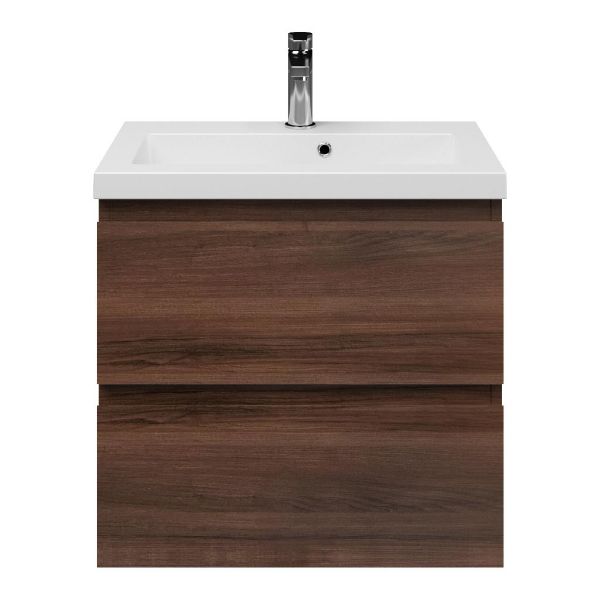 Renesse badmeubel 60 cm walnoot met polystone Cadzand wastafel wit mat, 1 kraangat, met overloop