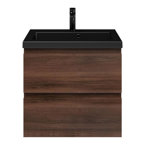 Renesse badmeubel 60 cm walnoot met polystone Cadzand wastafel zwart mat