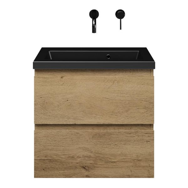 Renesse badmeubel 60 cm warm eiken met keramische Dishoek wastafel zwart mat, zonder kraangat