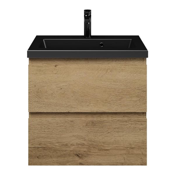 Renesse badmeubel 60 cm warm eiken met keramische Dishoek wastafel zwart mat, 1 kraangat