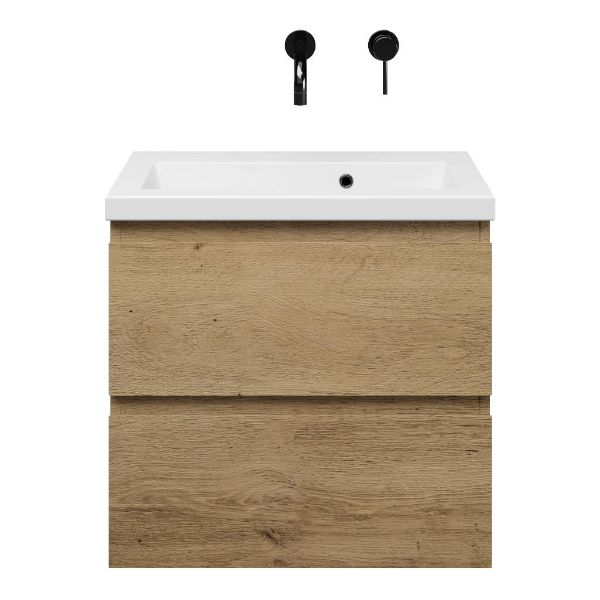 Renesse badmeubel 60 cm warm eiken met keramische Dishoek wastafel wit glans, zonder kraangat