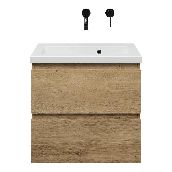 Renesse badmeubel 60 cm warm eiken met keramische Dishoek wastafel wit mat, zonder kraangat
