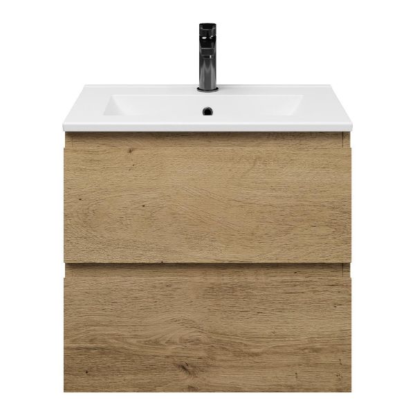 Renesse badmeubel 60 cm warm eiken met keramische Huisduinen wastafel wit glans