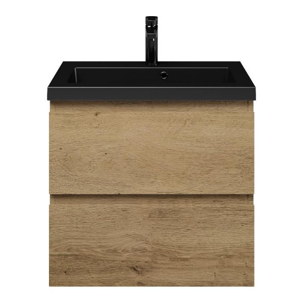 Renesse badmeubel 60 cm warm eiken met polystone Cadzand wastafel zwart mat