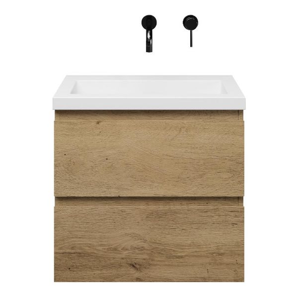 Renesse badmeubel 60 cm warm eiken met polystone Cadzand wastafel wit glans, zonder kraangat