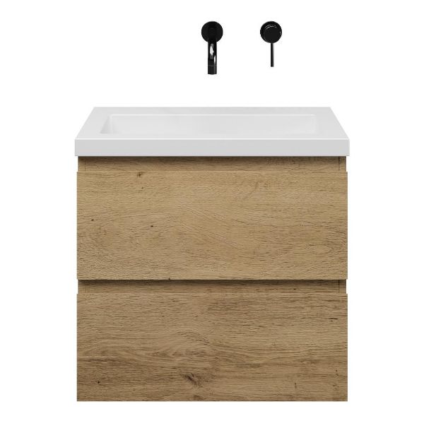 Renesse badmeubel 60 cm warm eiken met polystone Cadzand wastafel wit mat, zonder kraangat