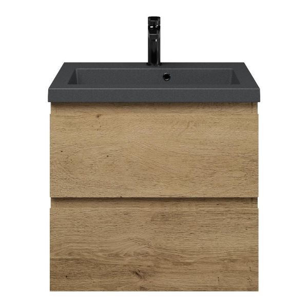 Renesse badmeubel 60 cm warm eiken met polystone Cadzand wastafel grijs mat