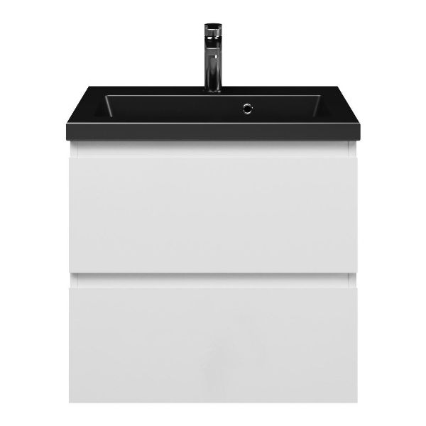 Renesse badmeubel 60 cm wit hoogglans met keramische Dishoek wastafel zwart mat, 1 kraangat