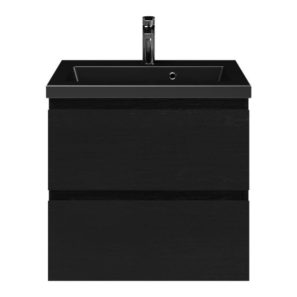 Renesse badmeubel 60 cm zwart eiken met keramische Dishoek wastafel zwart mat, 1 kraangat