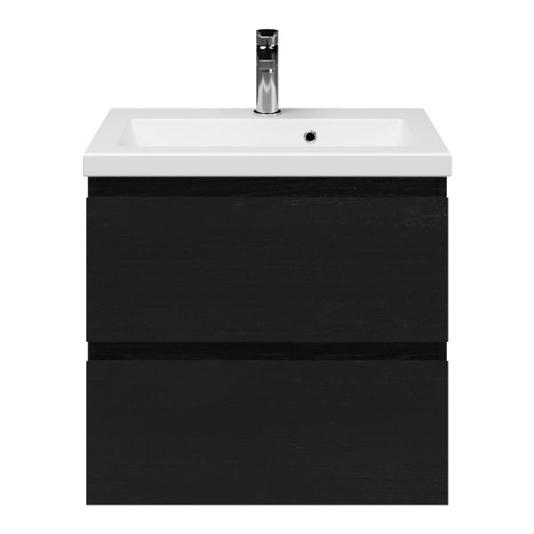 Renesse badmeubel 60 cm zwart eiken met keramische Dishoek wastafel wit mat, 1 kraangat