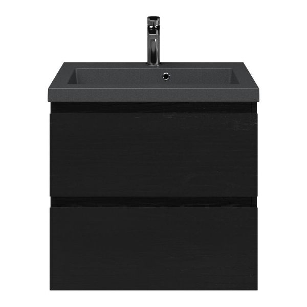 Renesse badmeubel 60 cm zwart eiken met polystone Cadzand wastafel grijs mat