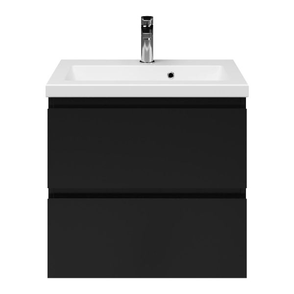 Renesse badmeubel 60 cm zwart mat met keramische Dishoek wastafel wit mat, 1 kraangat