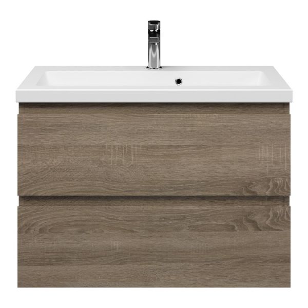 Renesse badmeubel 80 cm donker eiken met keramische Dishoek wastafel wit mat, 1 kraangat