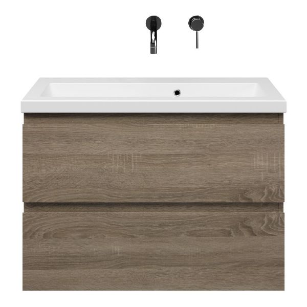 Renesse badmeubel 80 cm donker eiken met keramische Dishoek wastafel wit mat, zonder kraangat