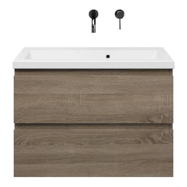 Renesse badmeubel 80 cm donker eiken met keramische Dishoek wastafel wit glans, zonder kraangat
