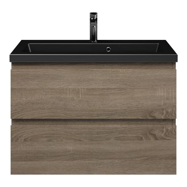 Renesse badmeubel 80 cm donker eiken met keramische Dishoek wastafel zwart mat, 1 kraangat