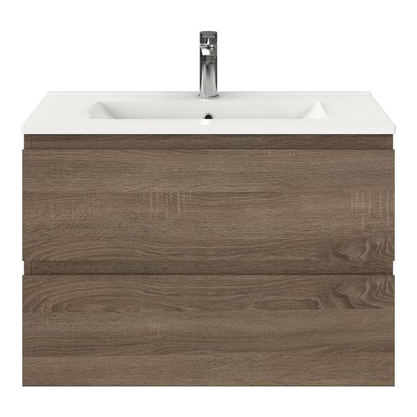 Renesse badmeubel 80 cm donker eiken met keramische Huisduinen wastafel wit glans